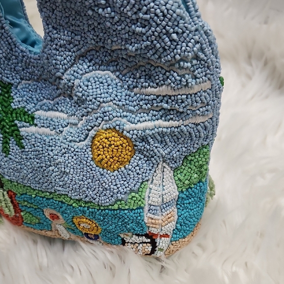 🔹️Made In india 🔹️Blue  Vacation Palm Trees Summer Beach Beaded Tote Bag - Picture 8 of 11